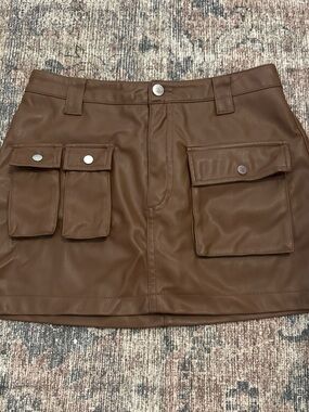 Brown Faux Leather Cargo Pocket Mini Skirt